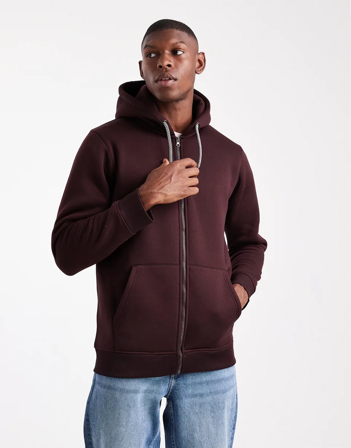 zip up hoodie with drawstring in burgundy