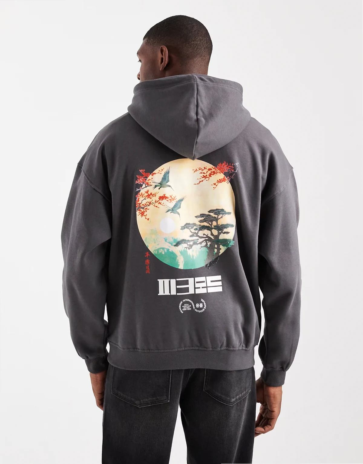 vintage fit hoodie with scene back print in charcoal