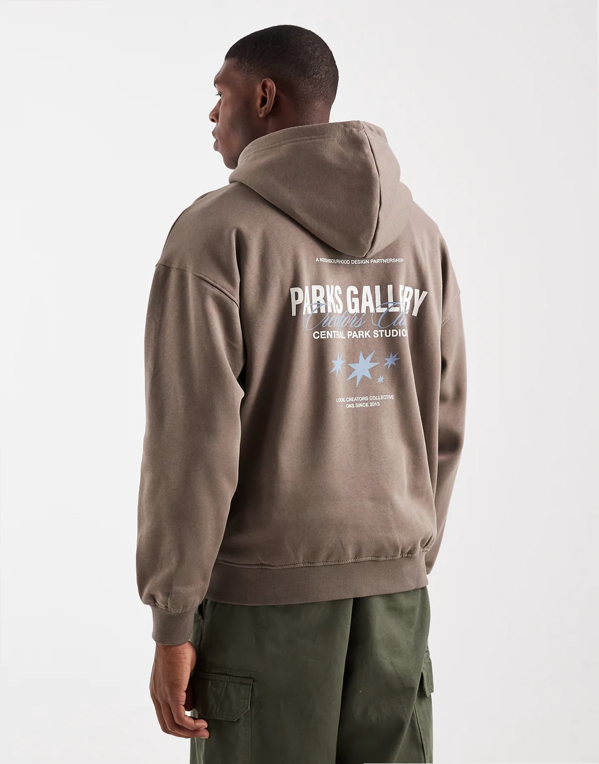 vintage fit hoodie with gallery back print in brown