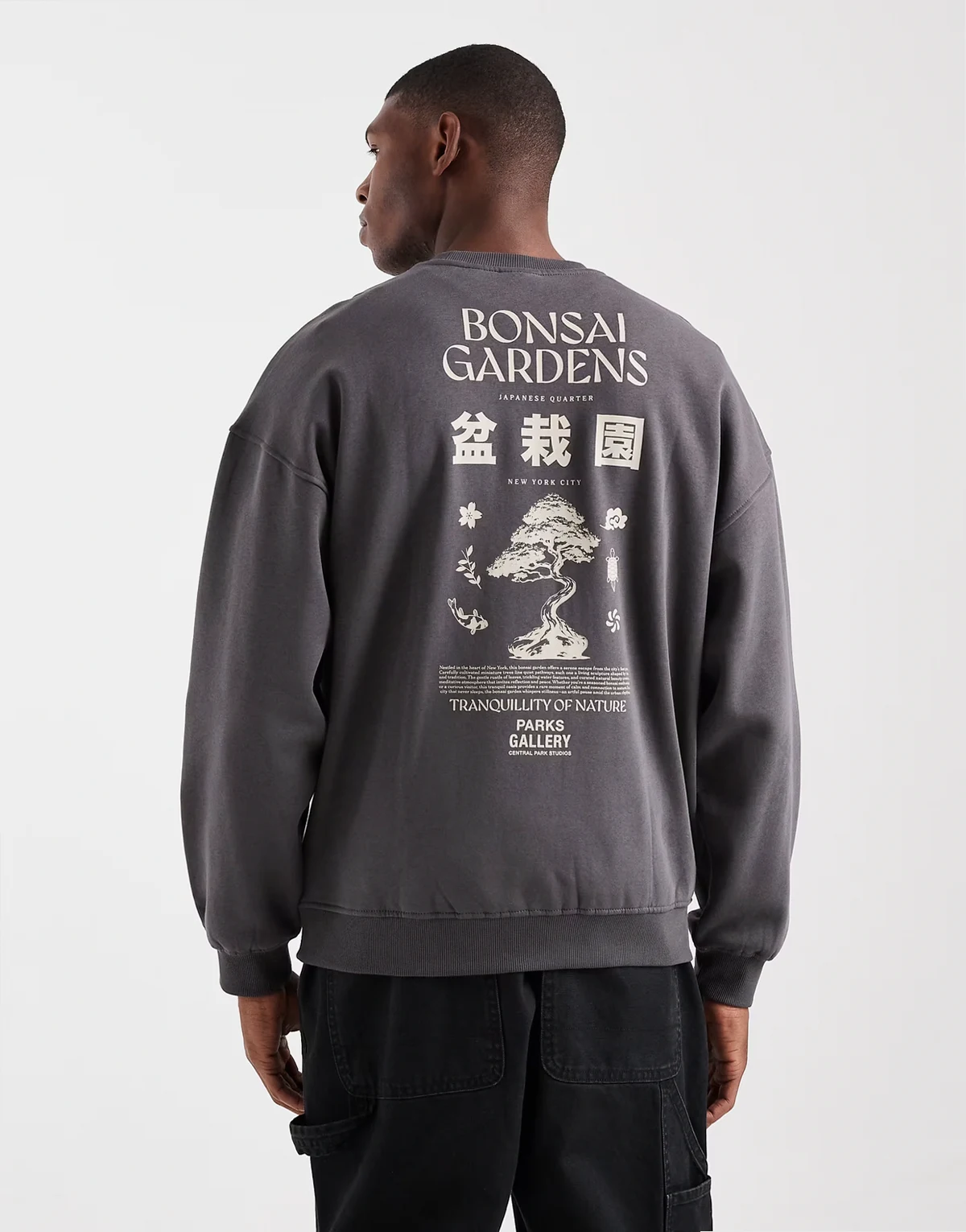 vintage fit sweat with bonsai back print in charcoal