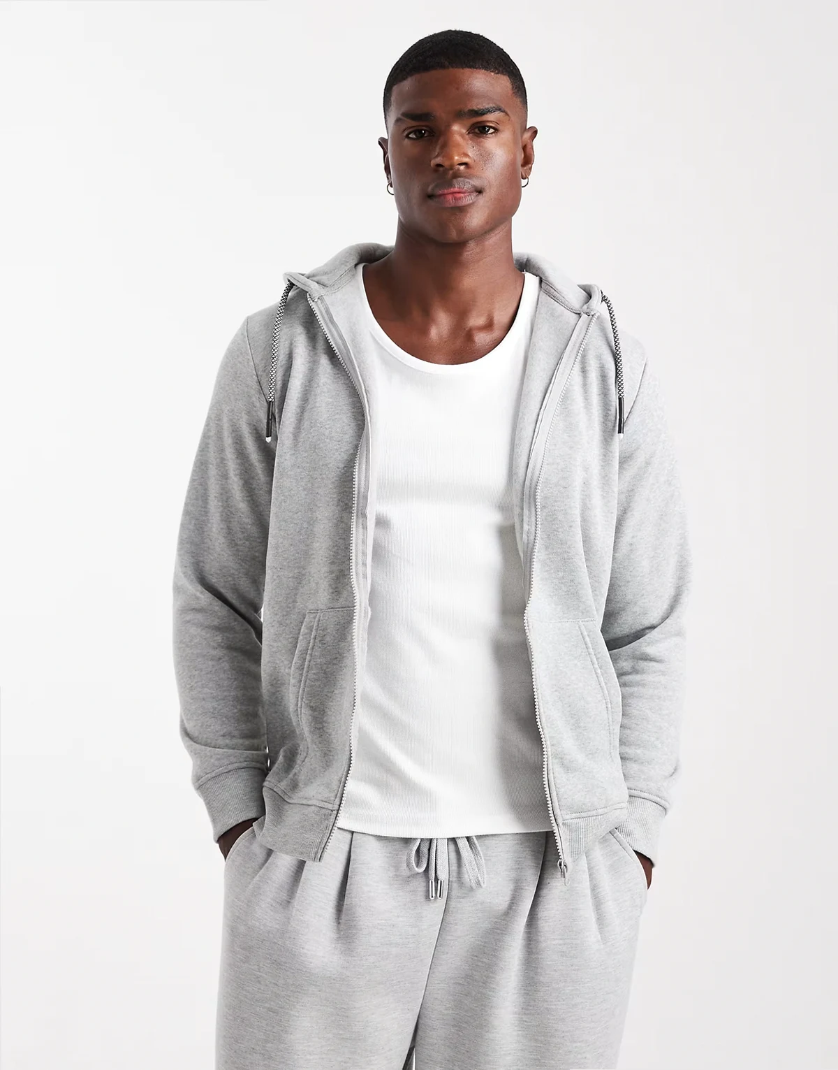 zip up hoodie with drawstrings in light gray