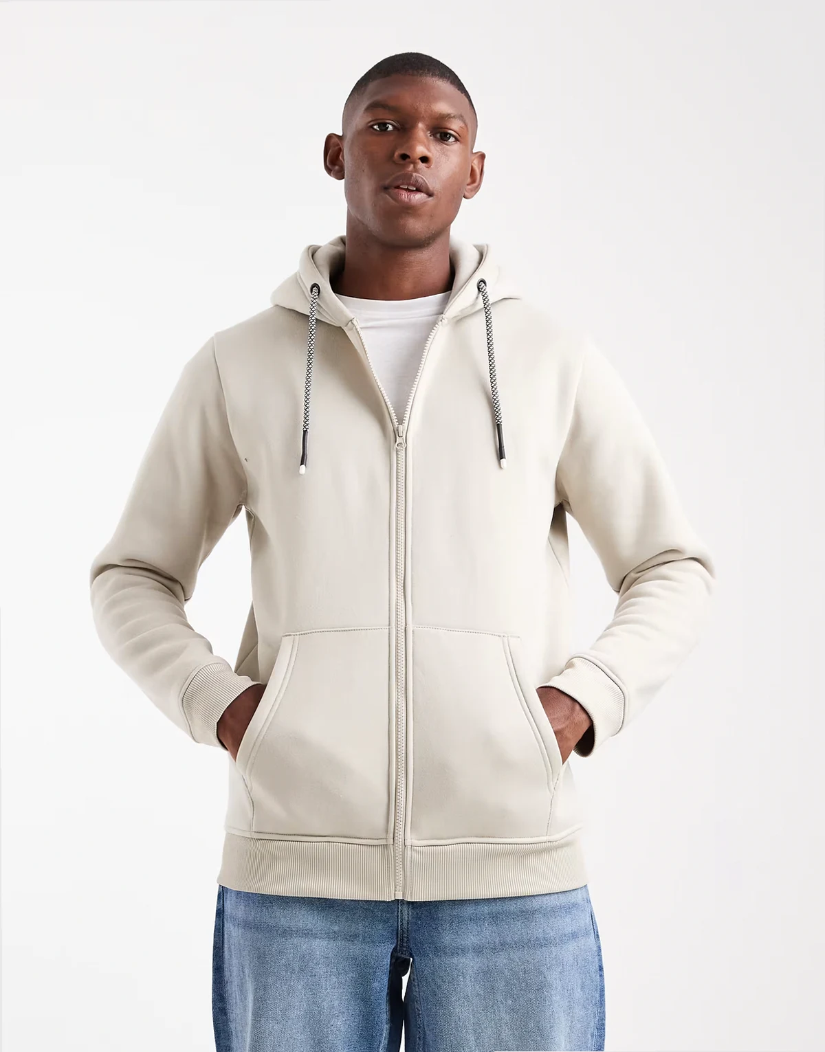zip up hoodie with drawstring in stone