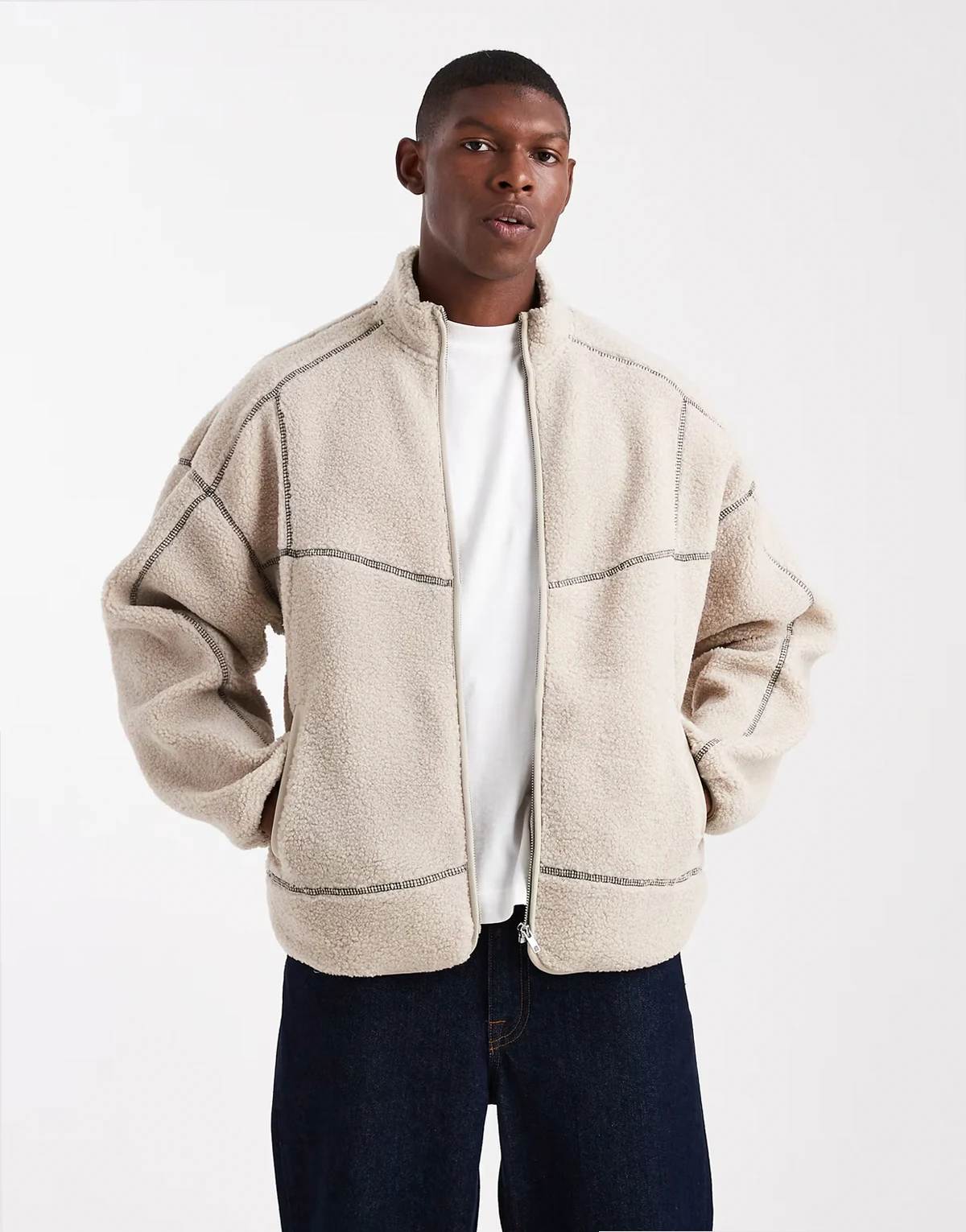 full zip high neck contrast stitch fleece jacket in light beige
