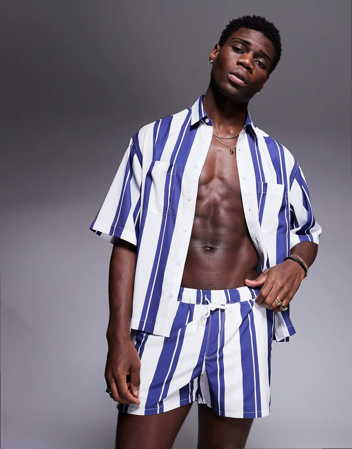 swim shorts in short length in blue stripe - part of a set