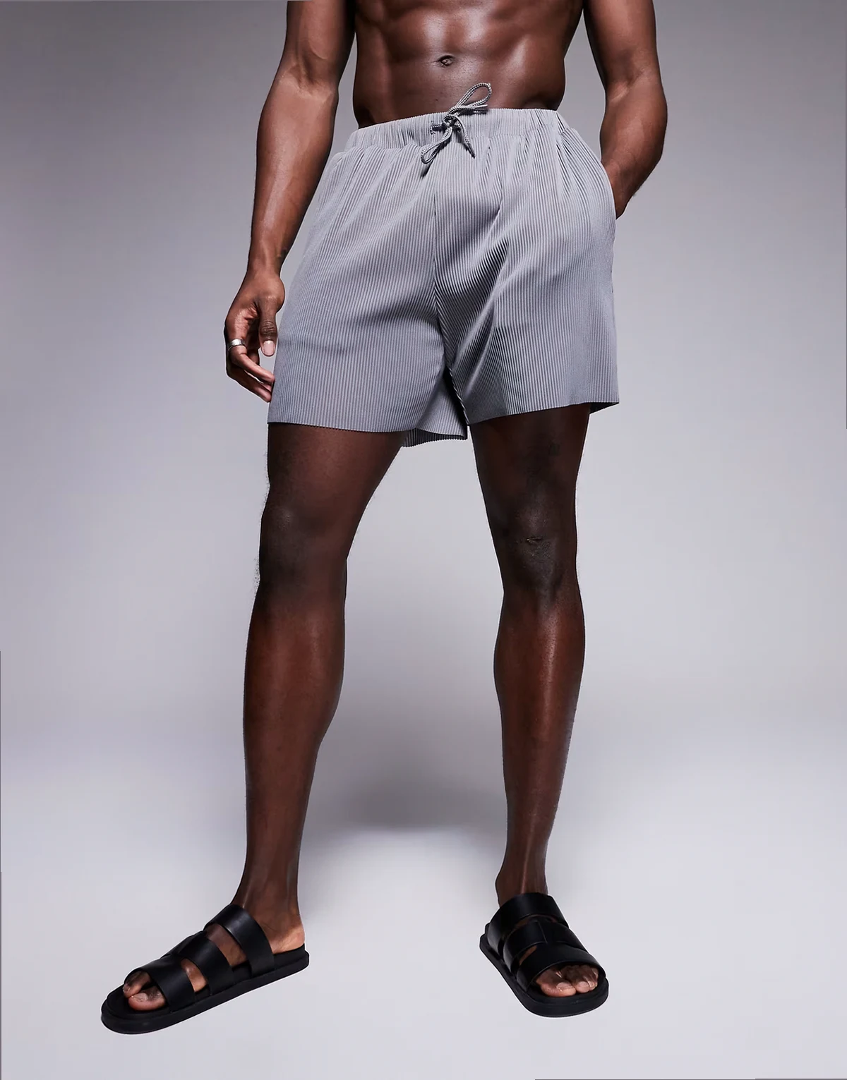 plisse swim shorts in mid length in gray