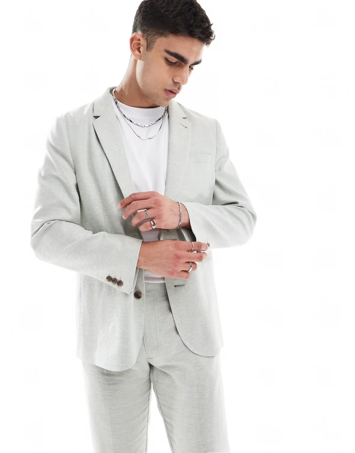 slim linen look suit jacket in light green herringbone