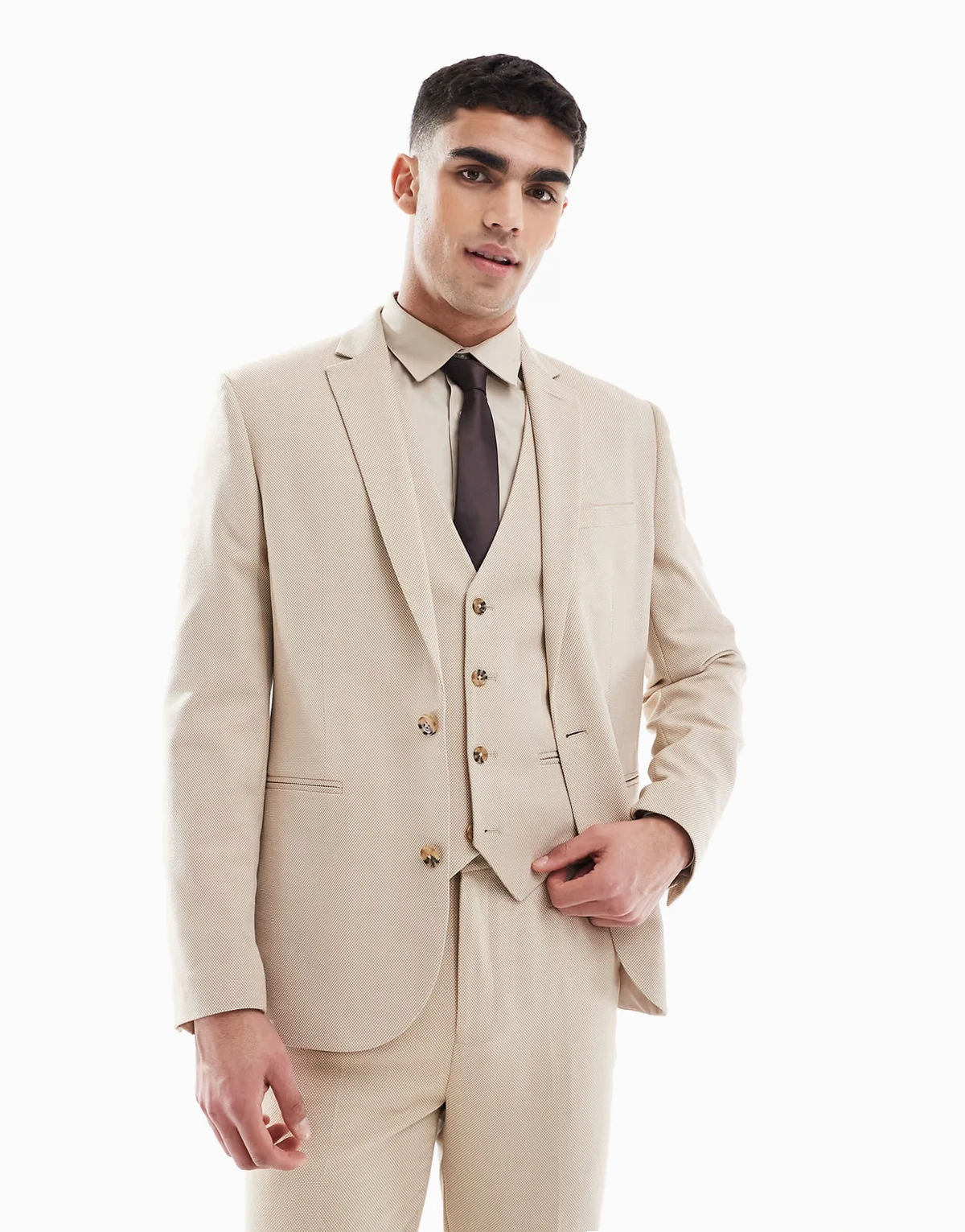 slim suit jacket in textured stone fabric