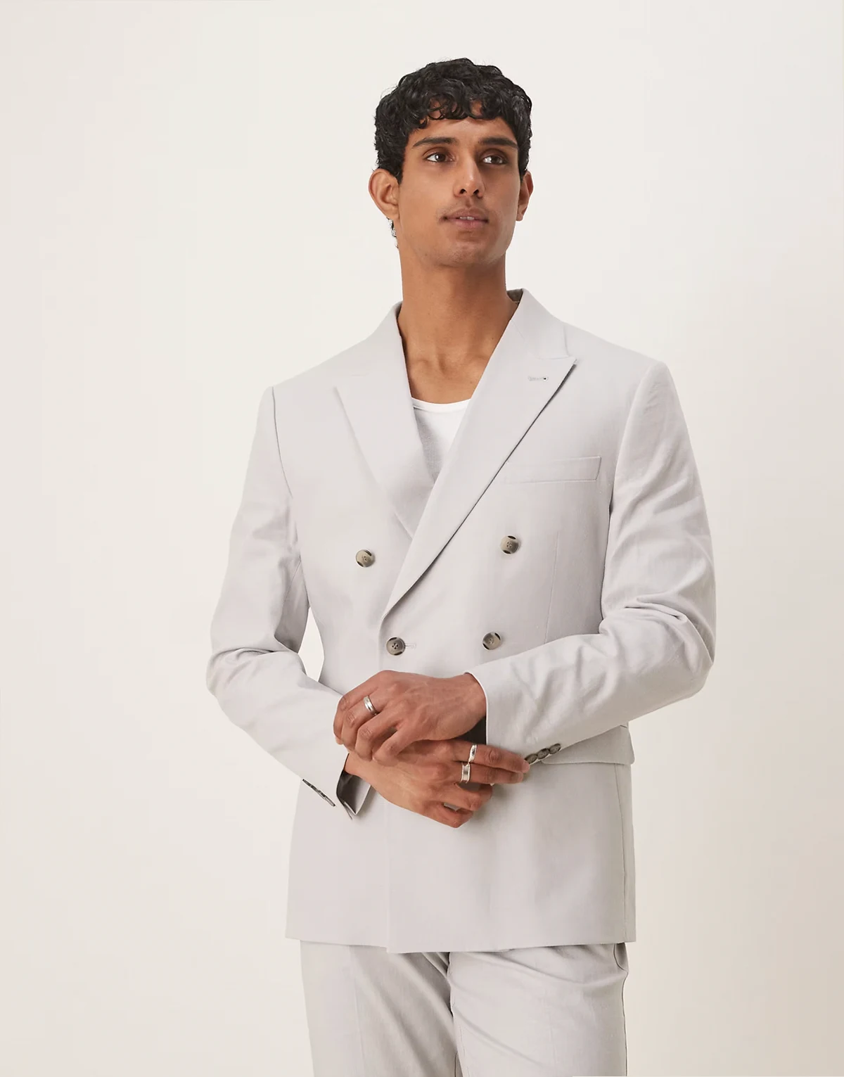 linen blend double breasted regular suit jacket in pebble