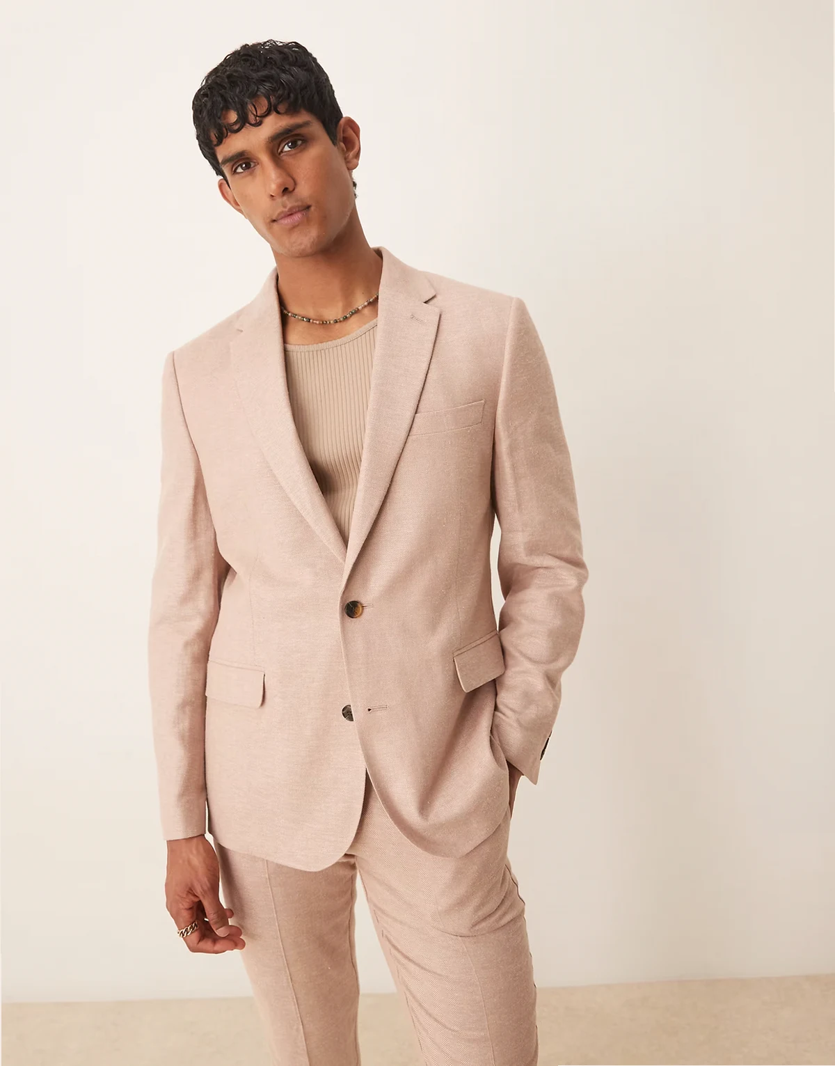 slim linen blend herringbone suit jacket in stone