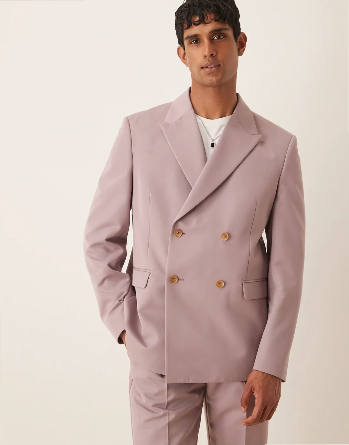 relaxed double breasted suit jacket in dusty pink