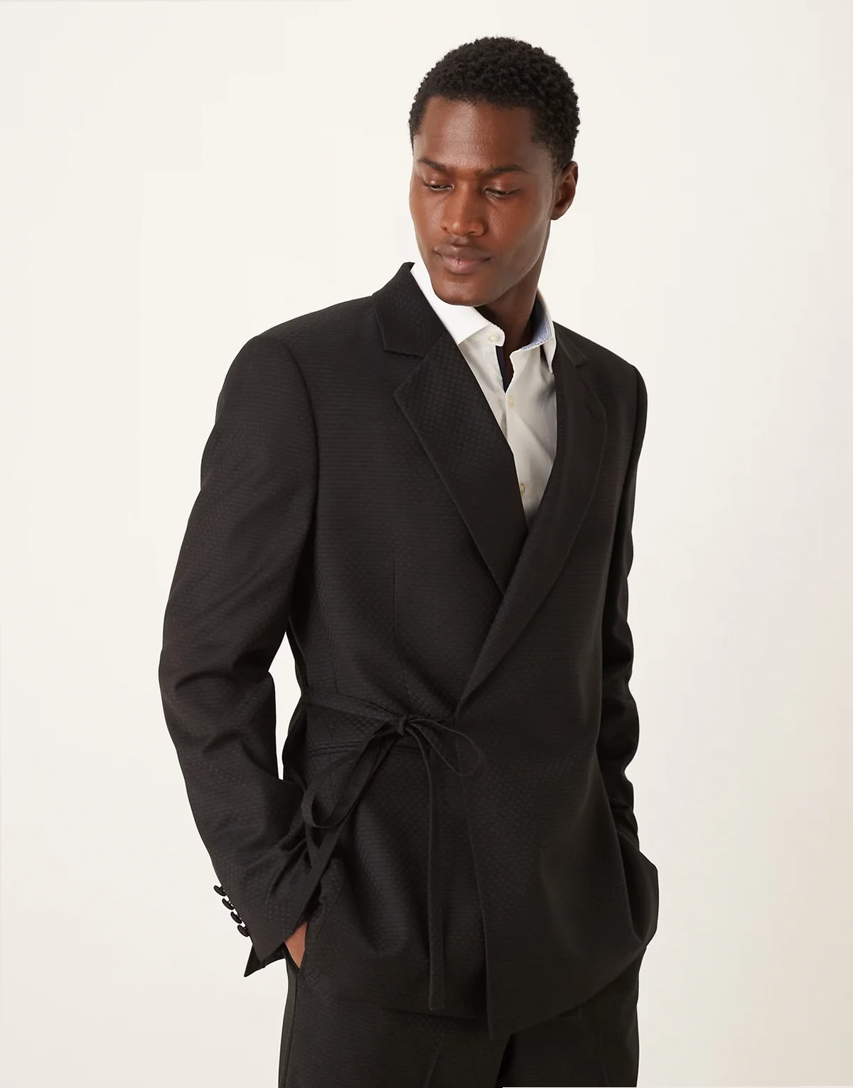 wrap and tie regular suit jacket in black checkerboard weave