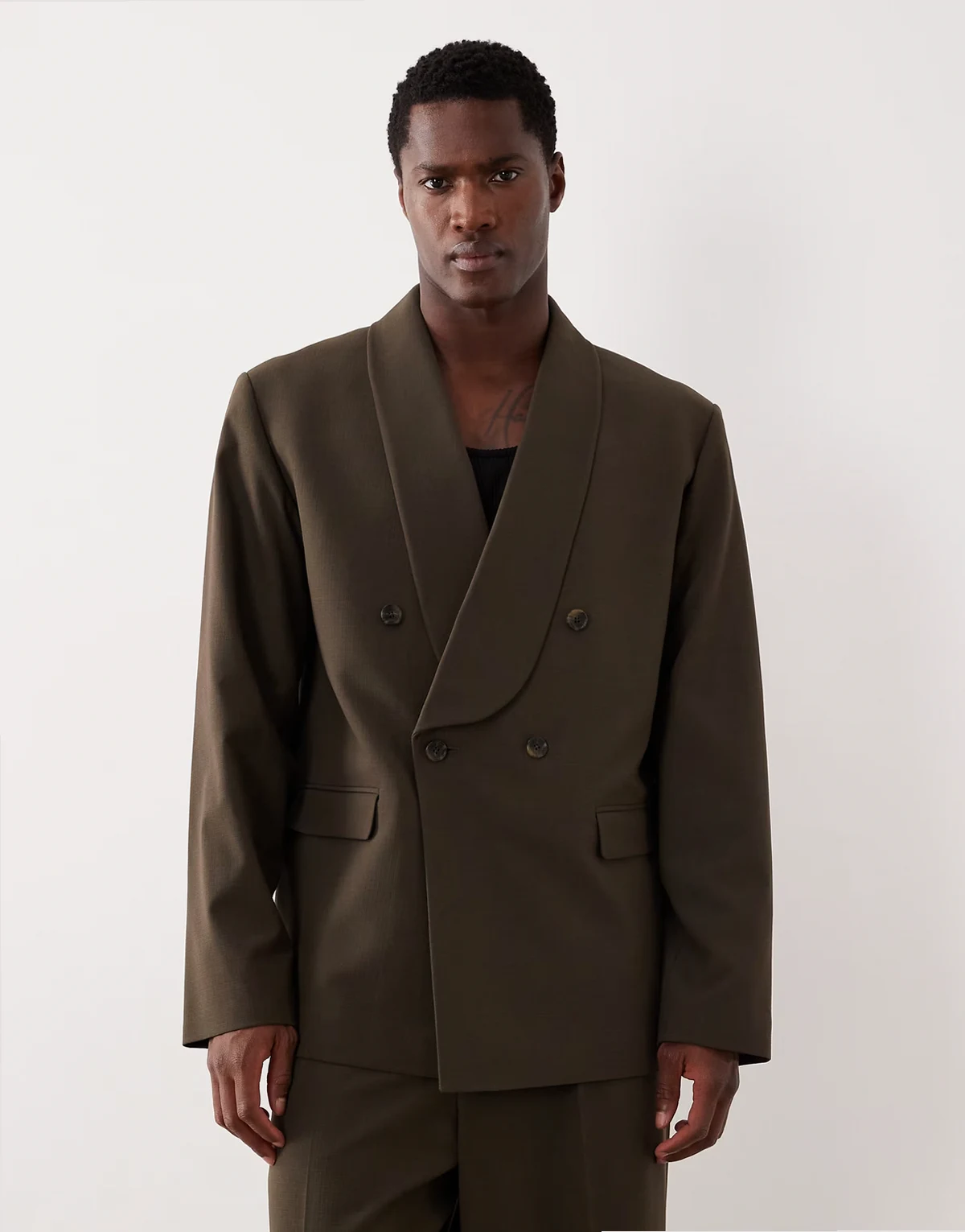 boxy cropped shawl collar suit jacket in olive green