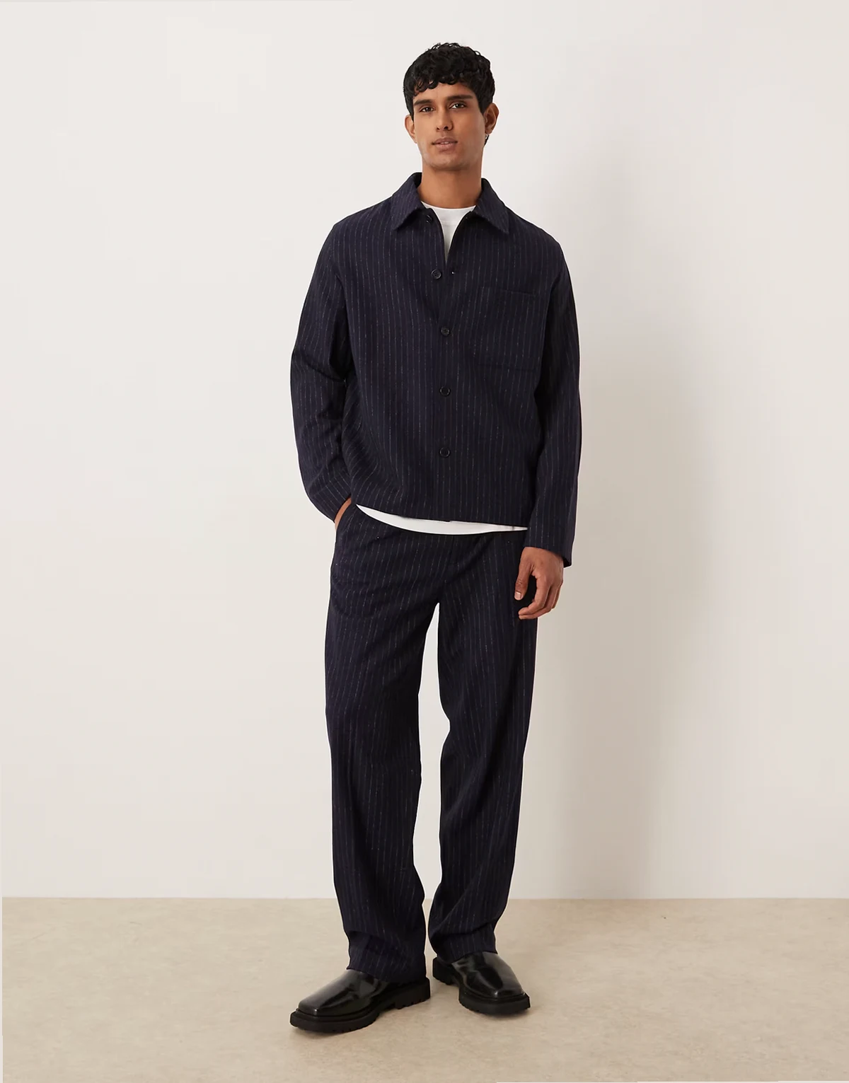pinstriped wool mix pants in navy - part of a set