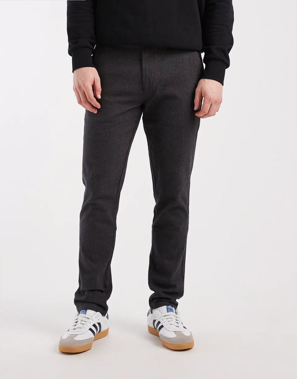 slim fit herringbone chinos in dark gray