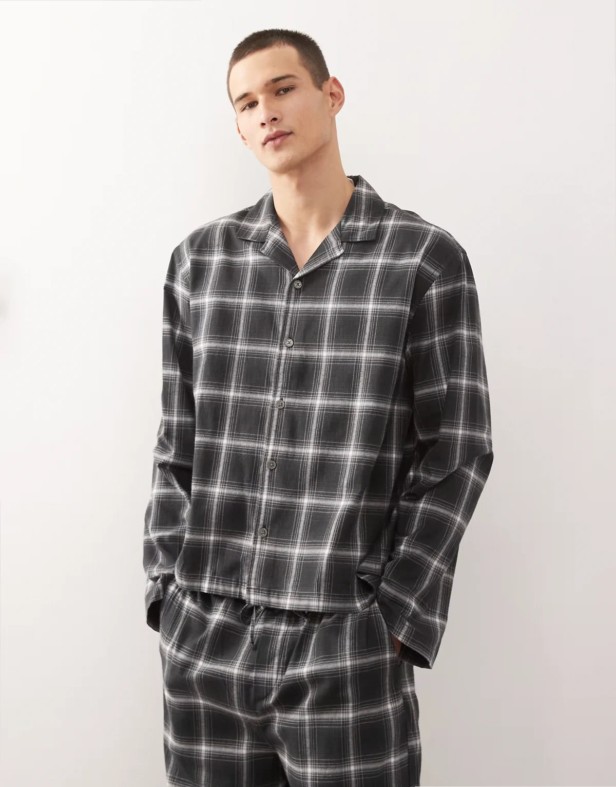 oversized flannel shirt in black, navy & white check - part of a set
