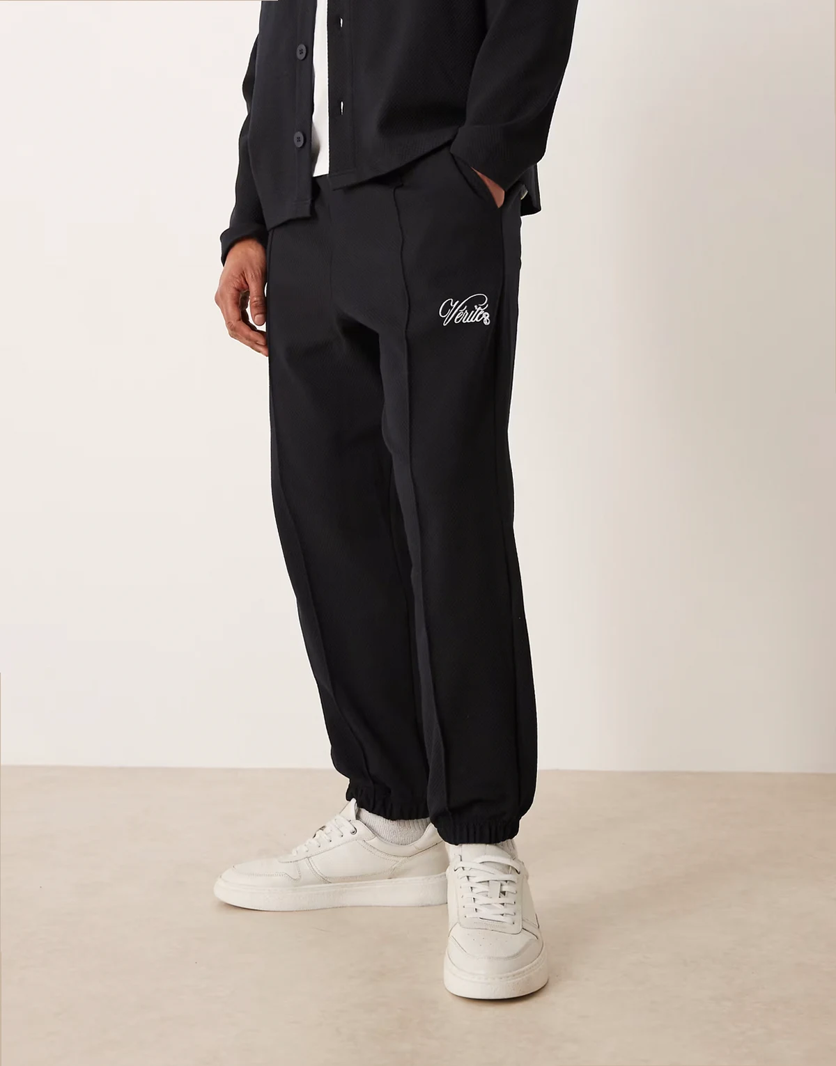 tapered jacquard sweatpants with embroidery in navy - part of a set