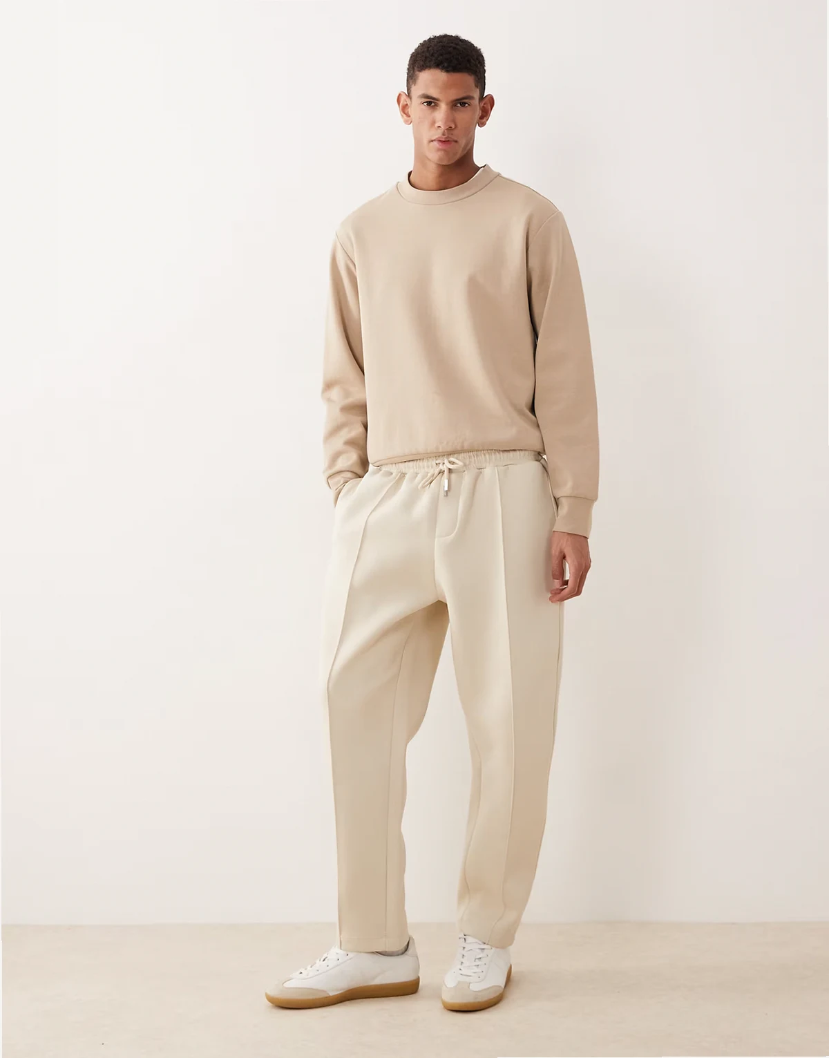 heavyweight tapered fit sweatpants in beige scuba-style fabric