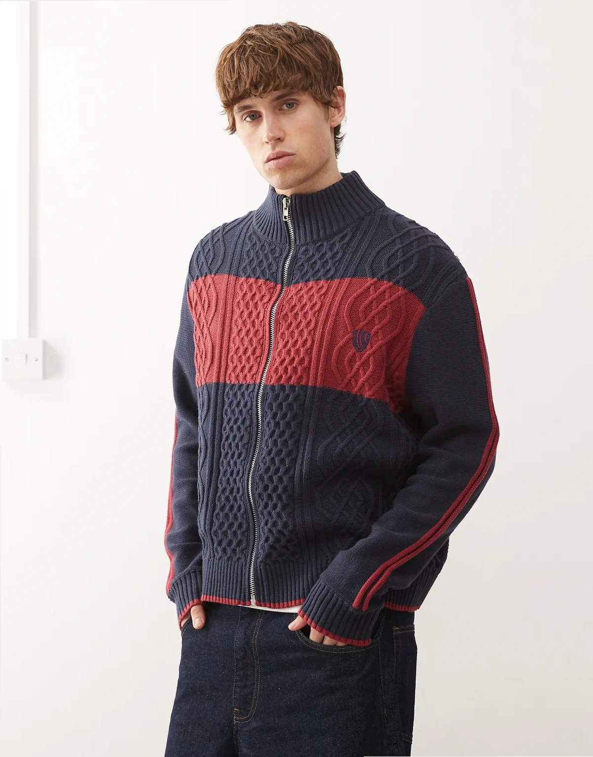 Zip up knit sports top in blue and red