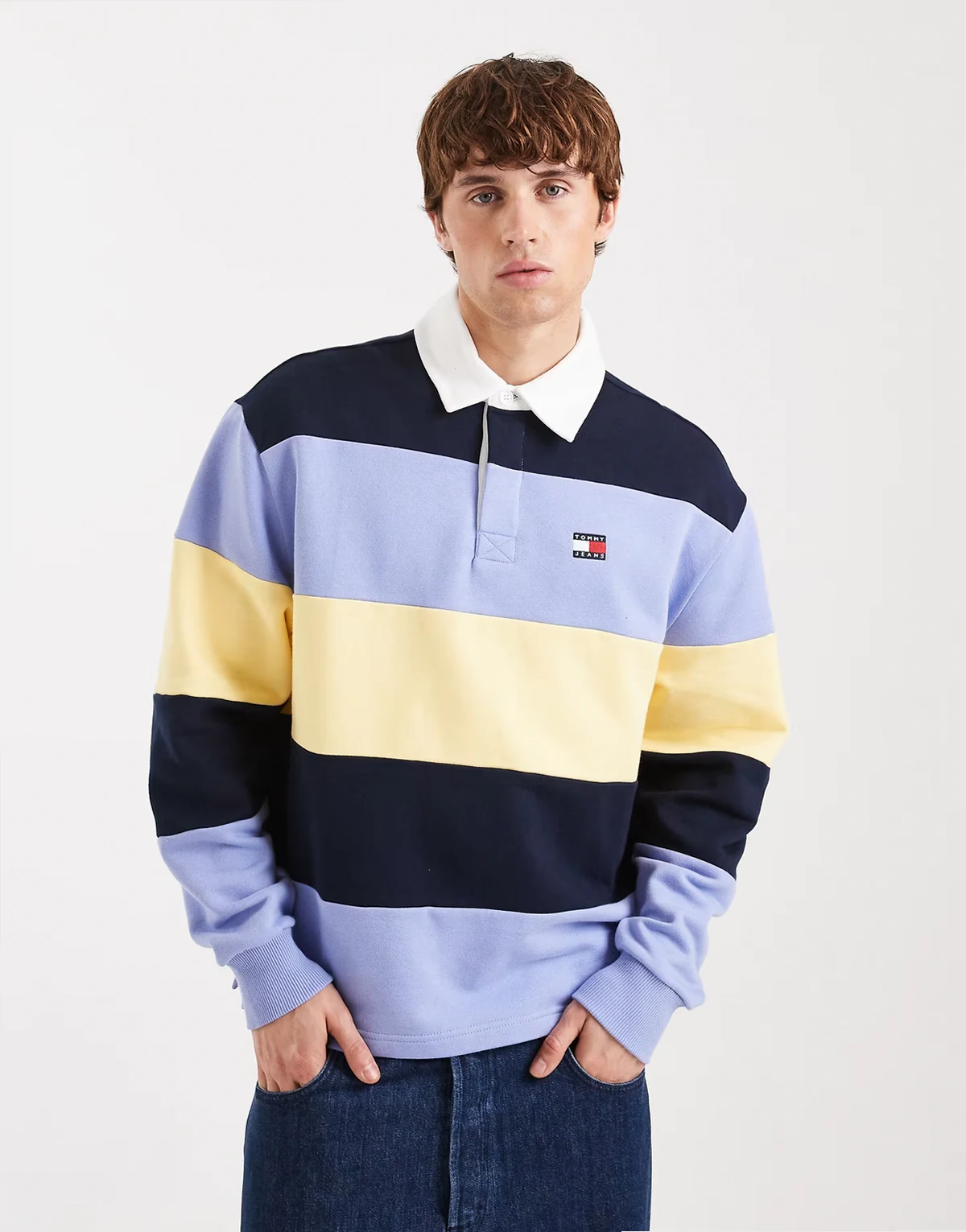 relaxed striped flag logo rugby sweater in navy / lilac / yellow