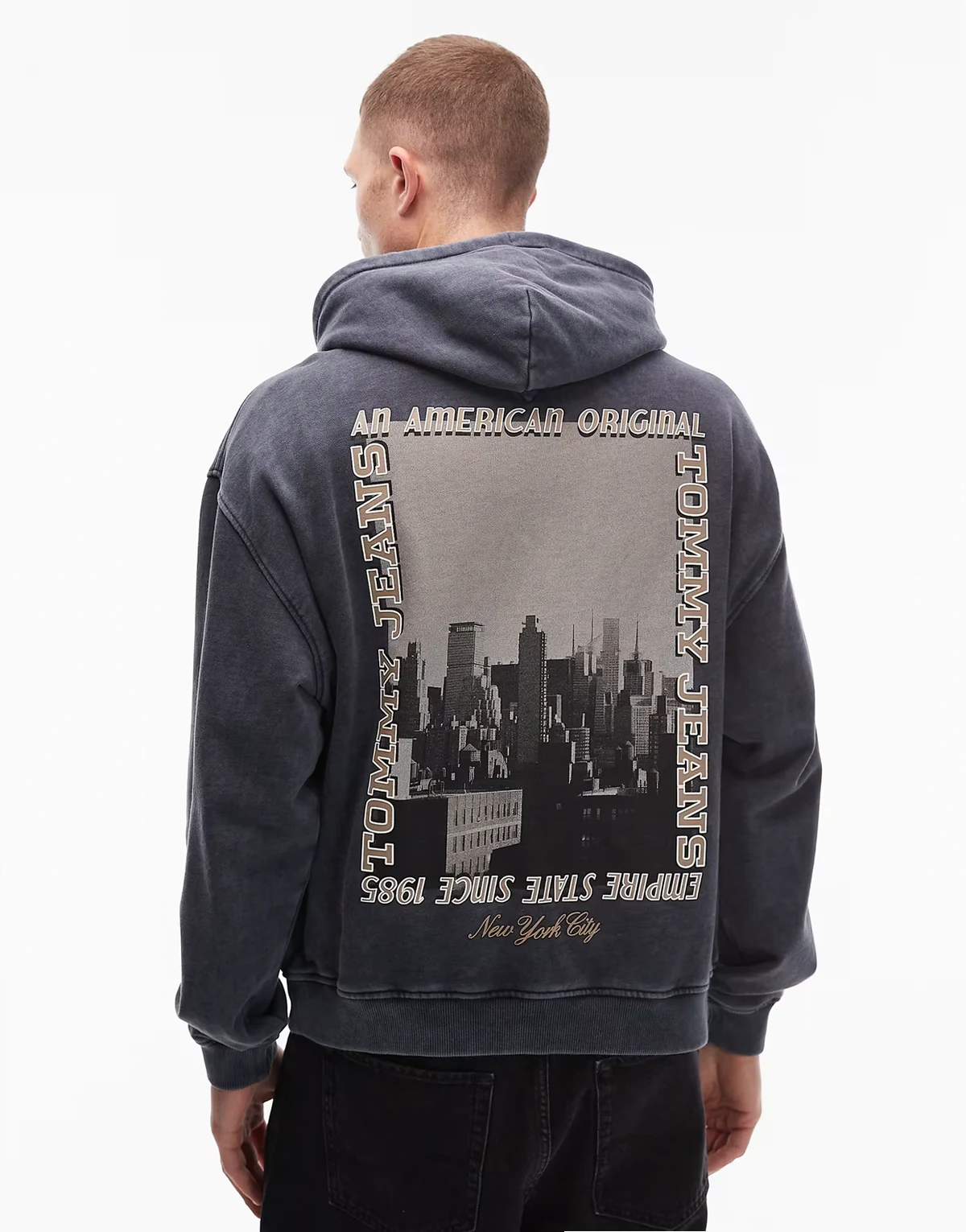 photo back print hoodie in washed black