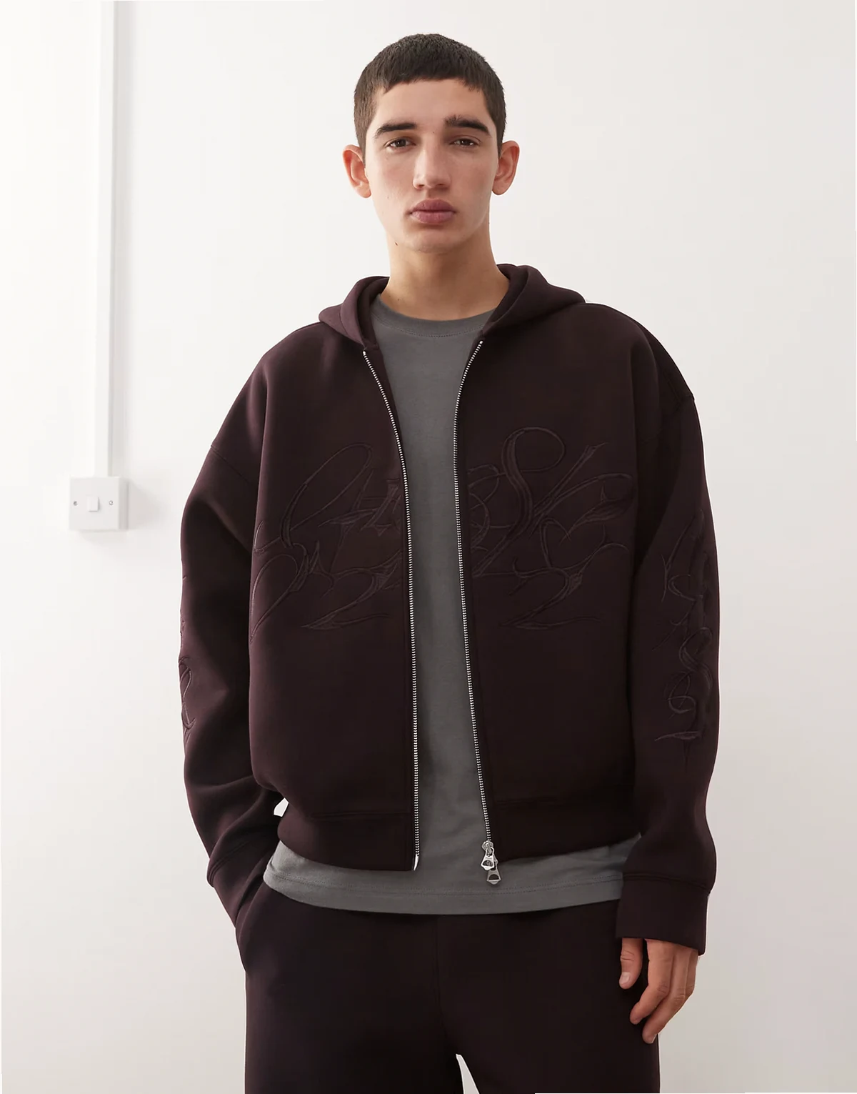 Simon zip up hoodie with embroidered graphic in burgundy scuba-style fabric - part of a set