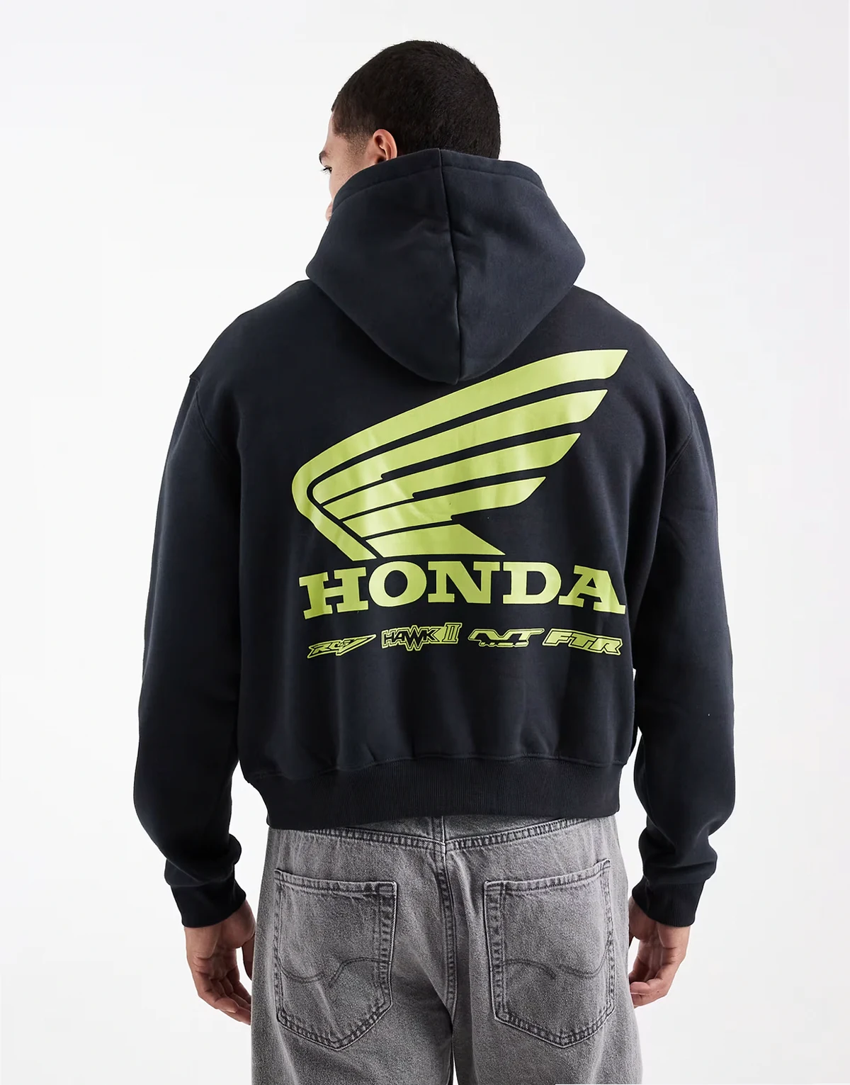 – Cropped Fit Kapuzenpullover in verwaschenem Schwarz mit „Honda JT Racing“-Print