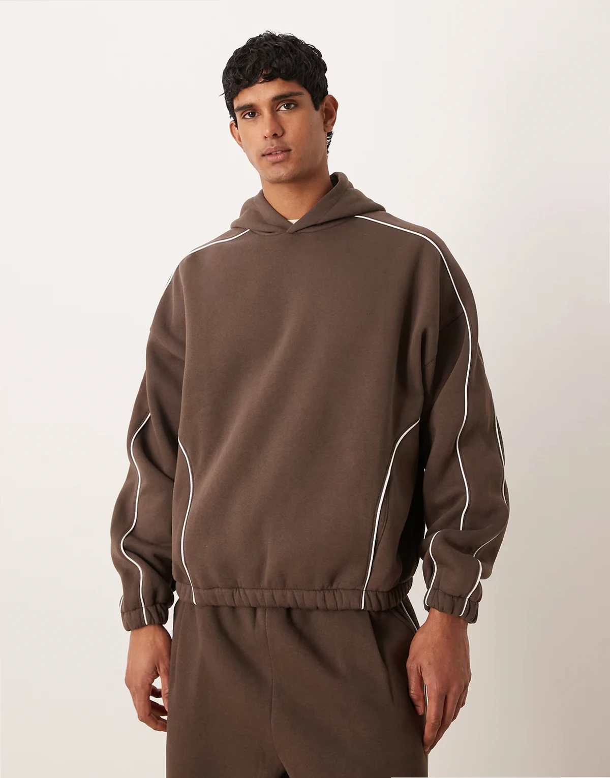 extreme oversized boxy hoodie with piping in brown - part of a set