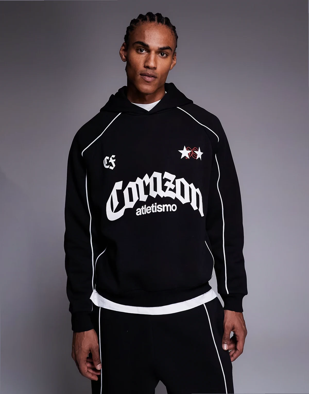 oversized hoodie with piping and print detail in black