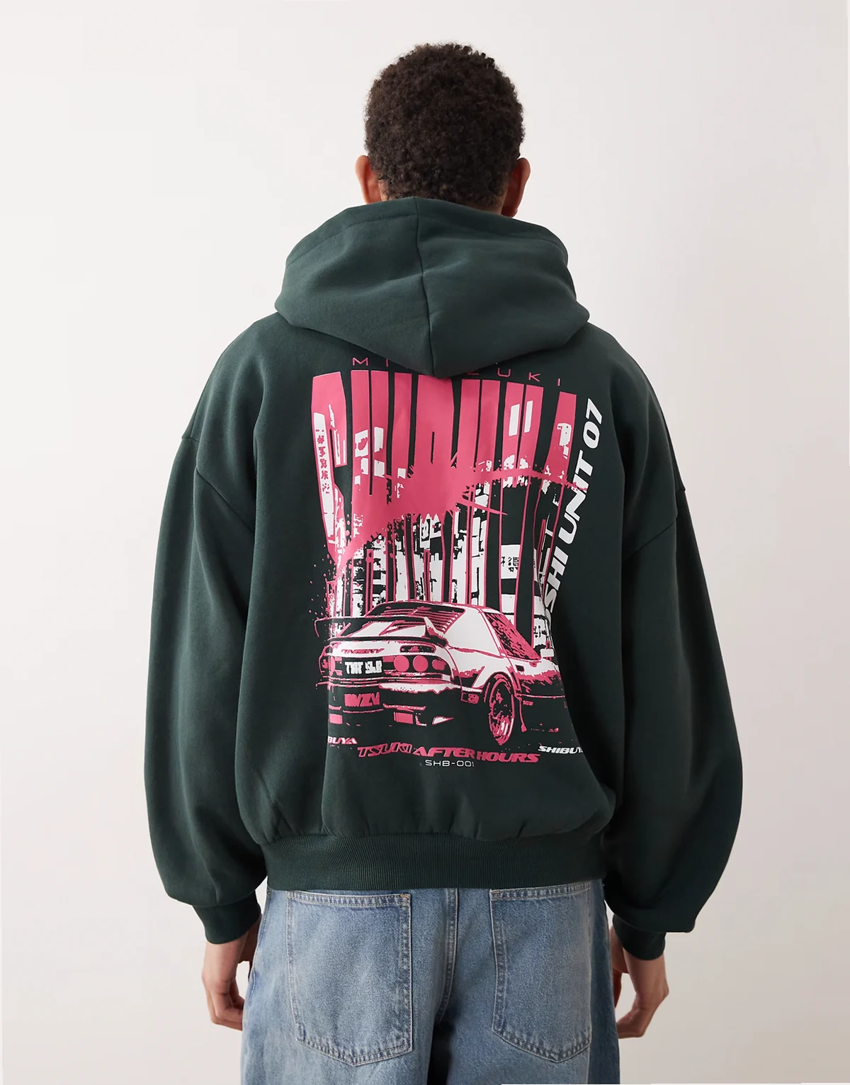 – Zielona bluza z kapturem extreme oversize z grafiką samochodu
