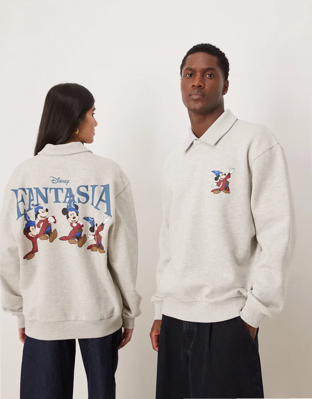 Disney Fantasia – Jasnoszara melanżowa luźna bluza polo w stylu rugby z nadrukami z motywem Myszki Miki