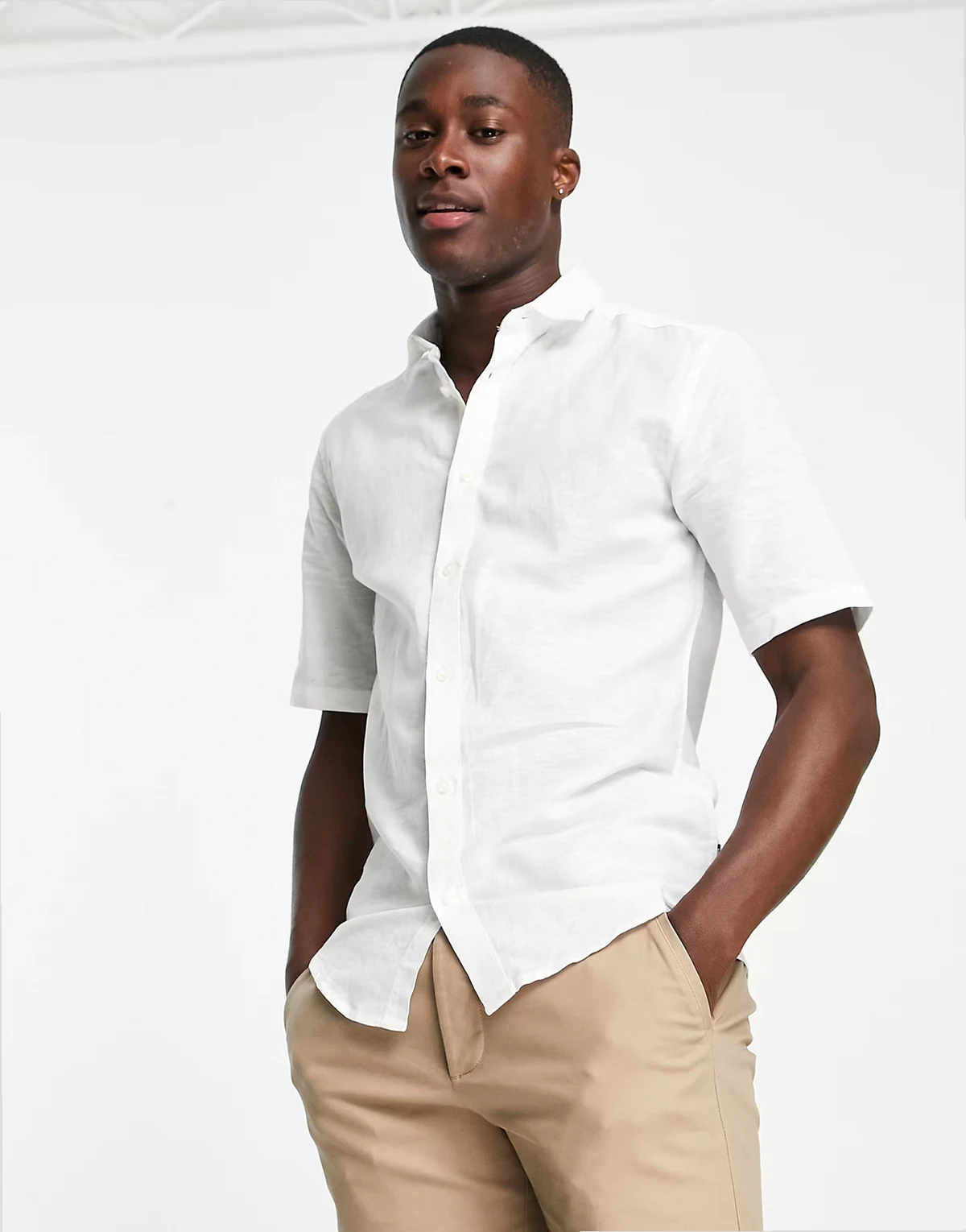 short sleeve slim fit linen mix shirt in white