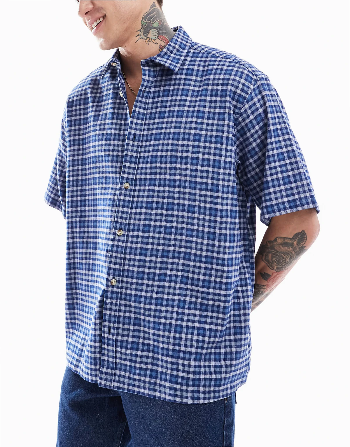 – Niebieska koszula dad fit oversize w kratę