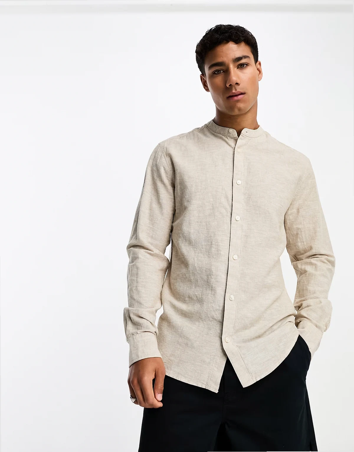 linen mix grandad collar shirt in beige