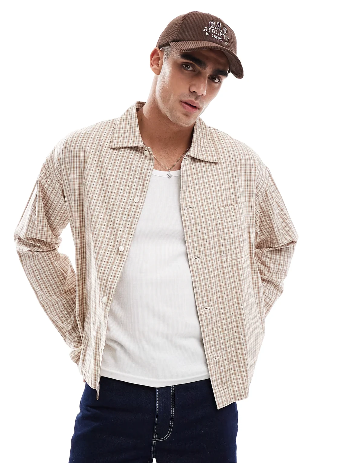cropped oversized shirt in neutral plaid