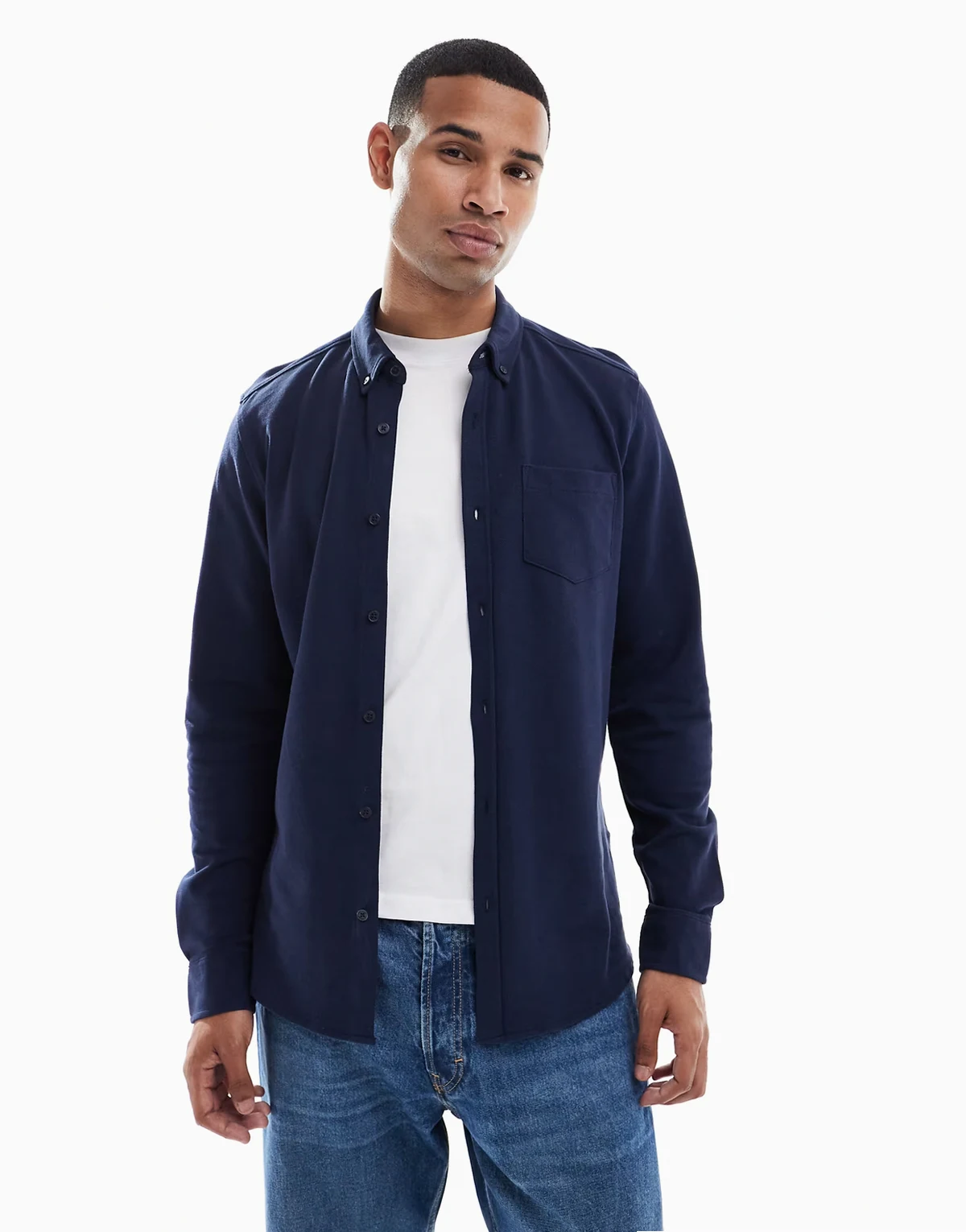 cotton mix long sleeve pique shirt in navy