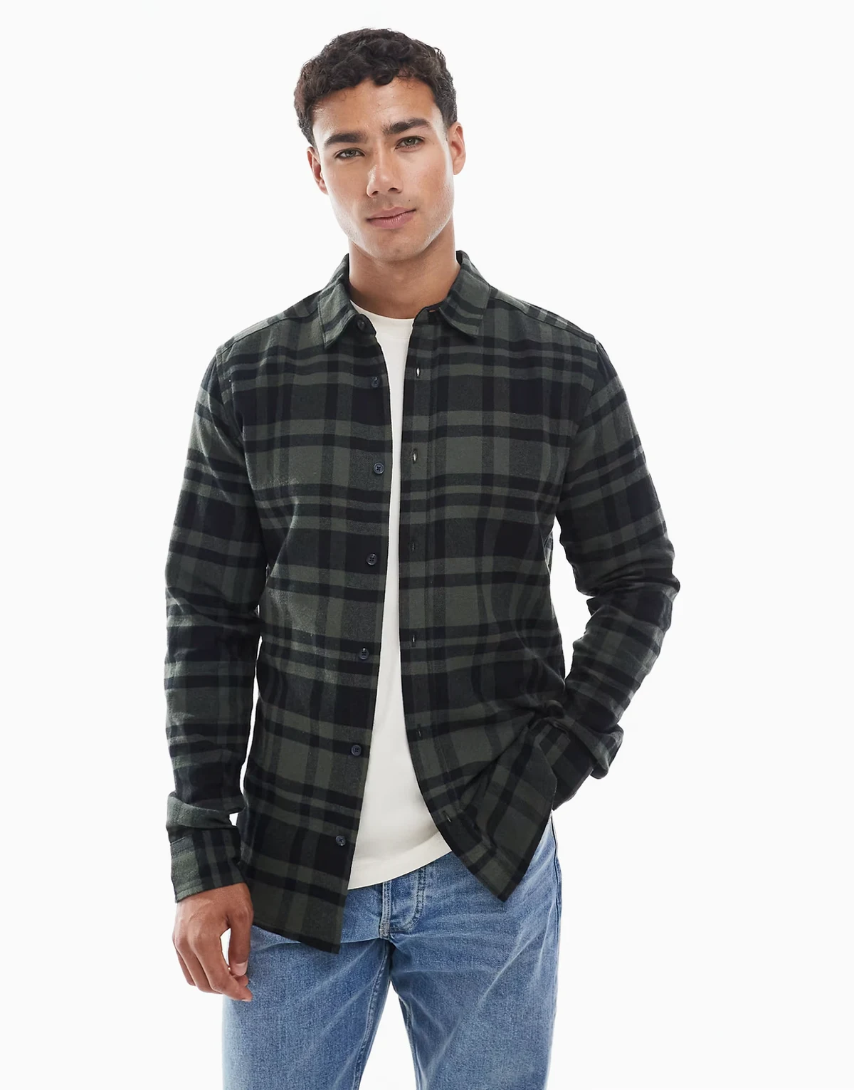 plaid shirt in dark khaki green and black