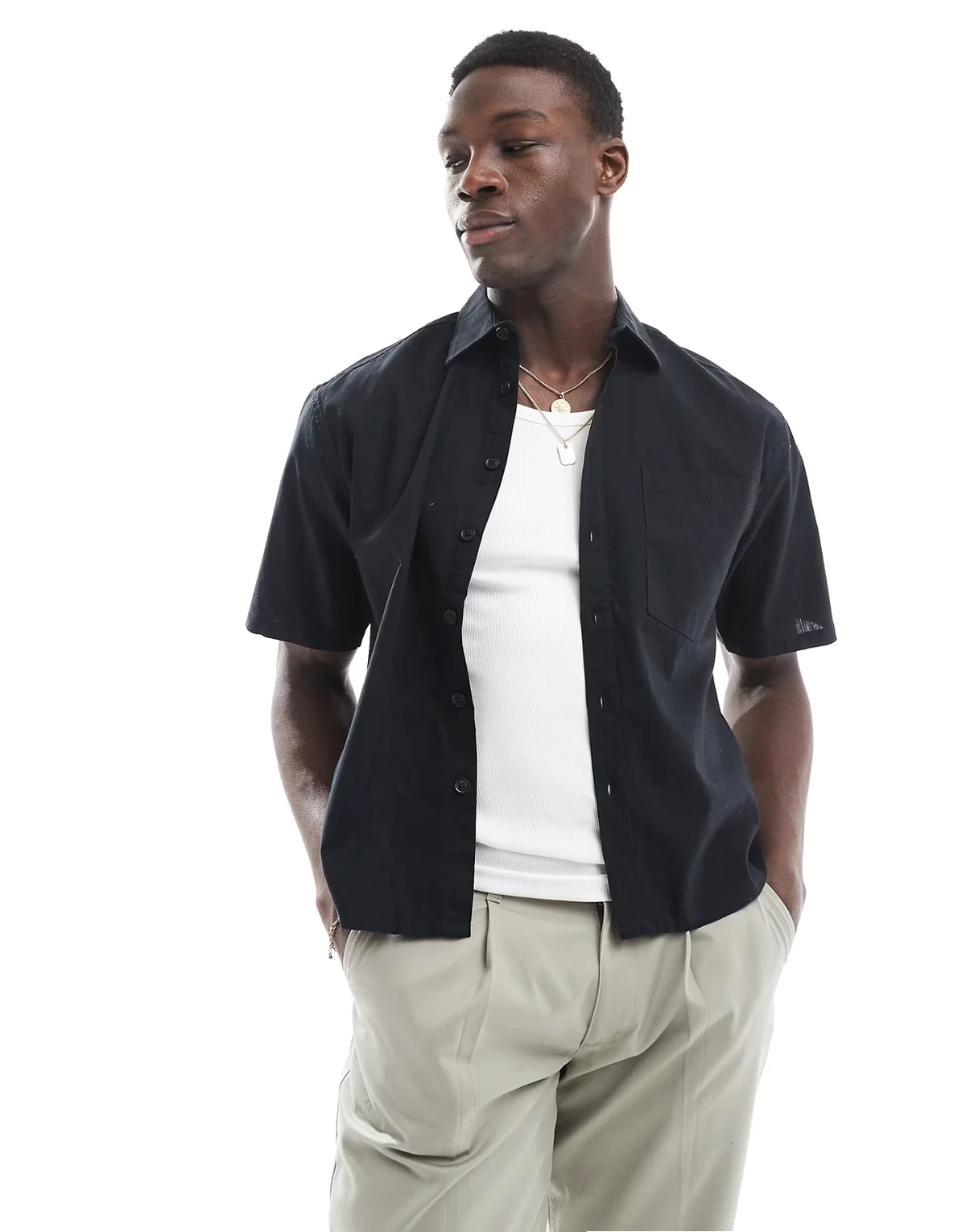 boxy fit linen mix shirt in black