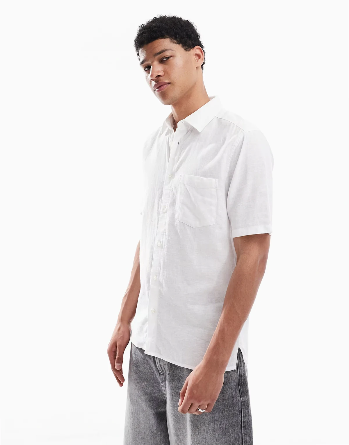 short sleeve regular fit linen mix shirt in white