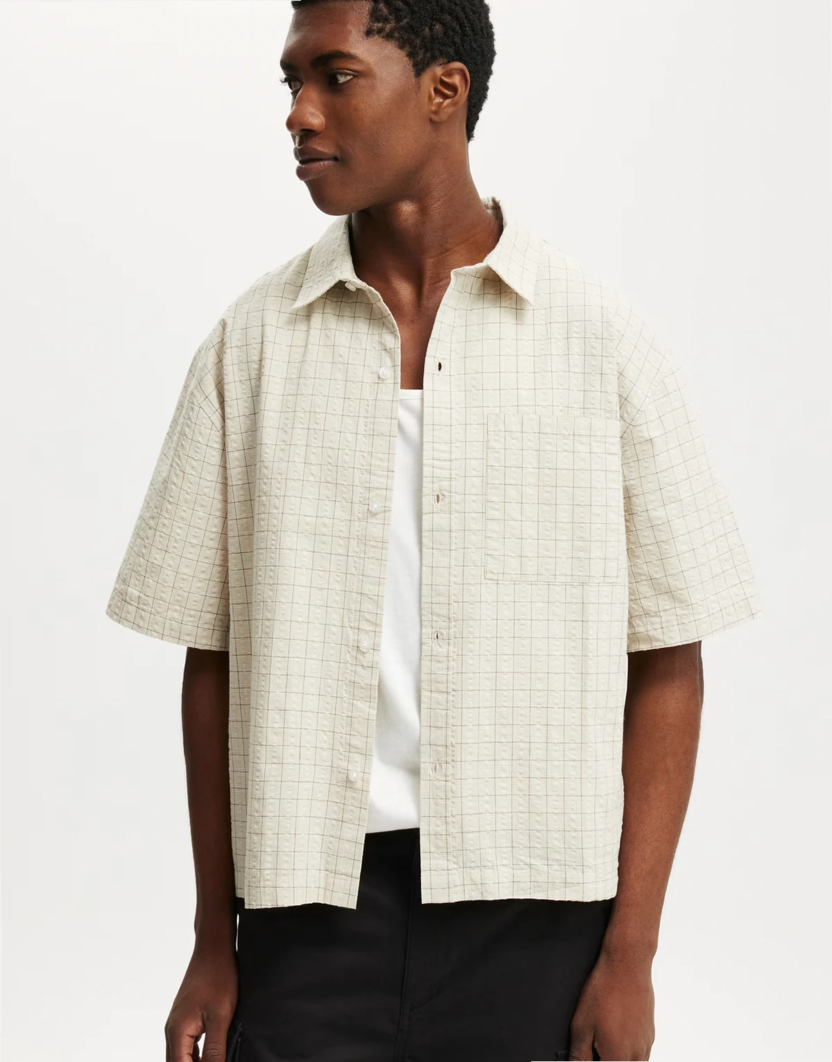 Darcy short sleeve shirt in bone grid plaid