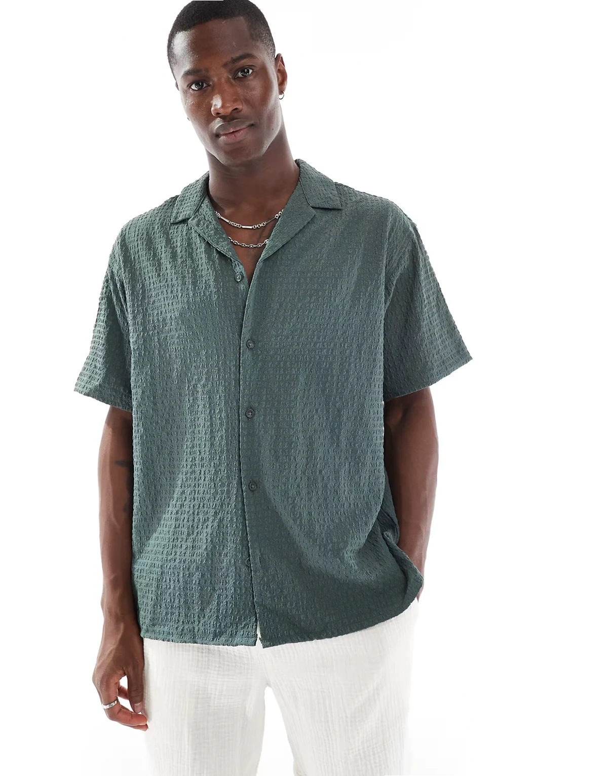 camp collar seersucker short sleeve shirt in green