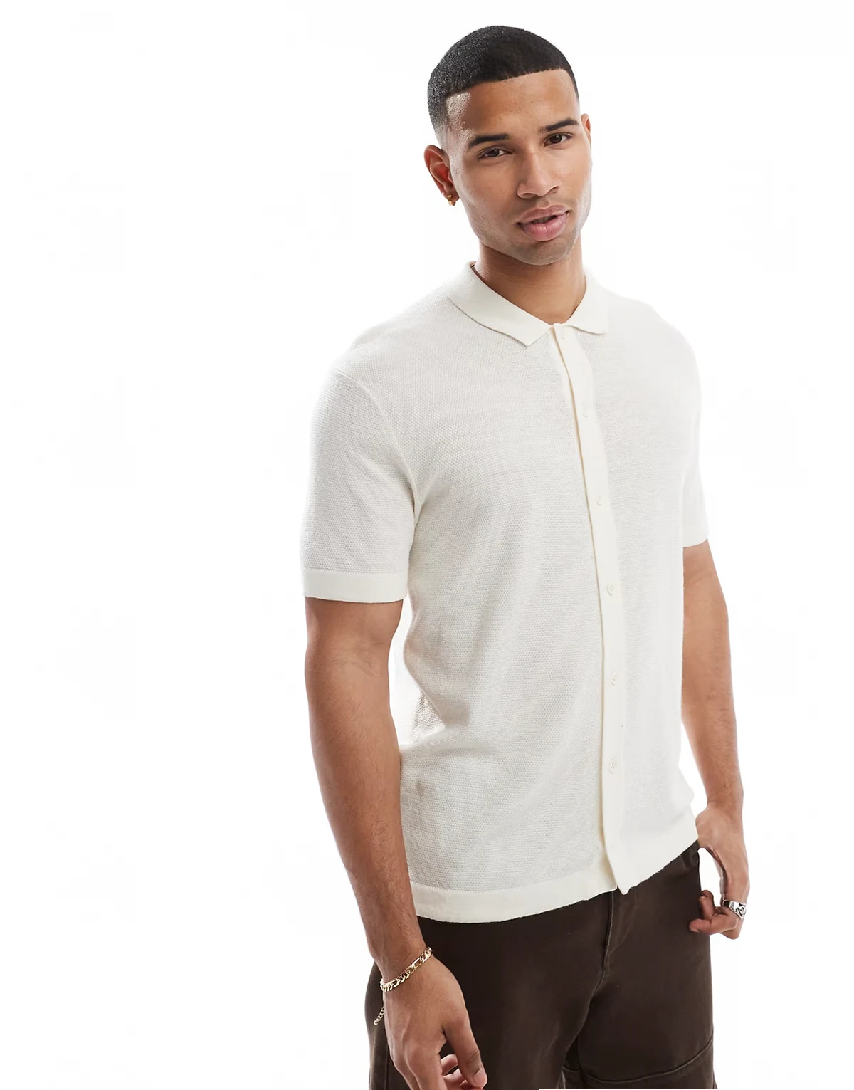 knitted button through polo in cream