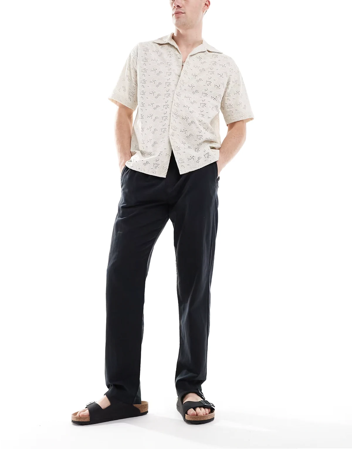 drawstring linen mix pants in black