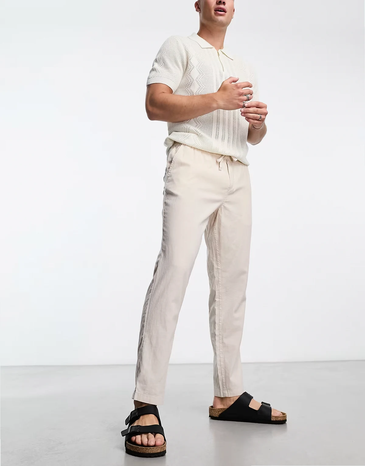 Intelligence drawstring linen mix pants in cream