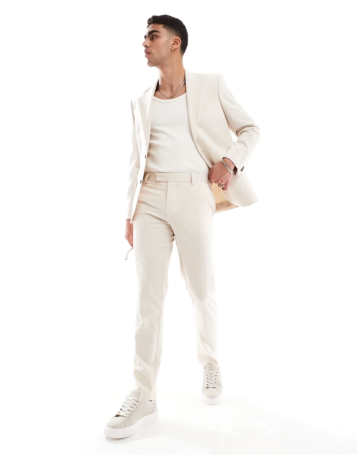 four way stretch skinny suit pants in stone