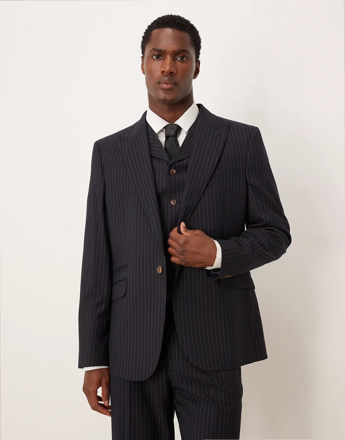 slim suit jacket in navy pinstripe