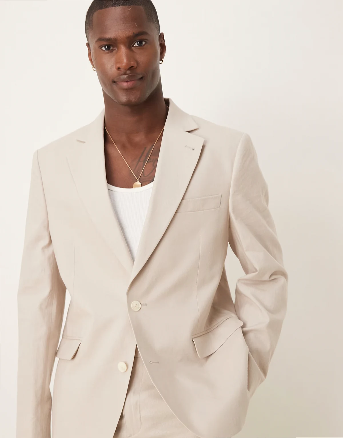 linen blend slim suit jacket in stone