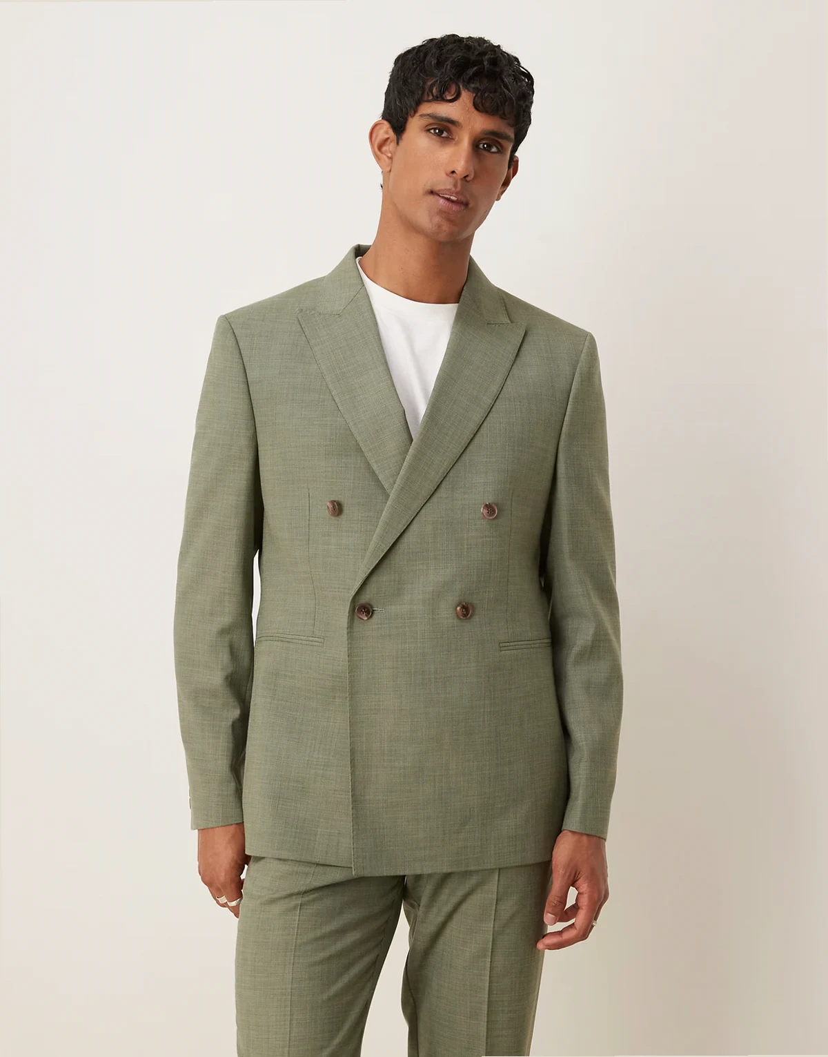 double breasted regular suit jacket in green melange with topstitch