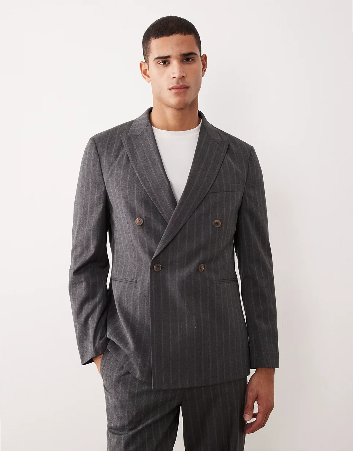 pinstriped relaxed suit jacket in charcoal