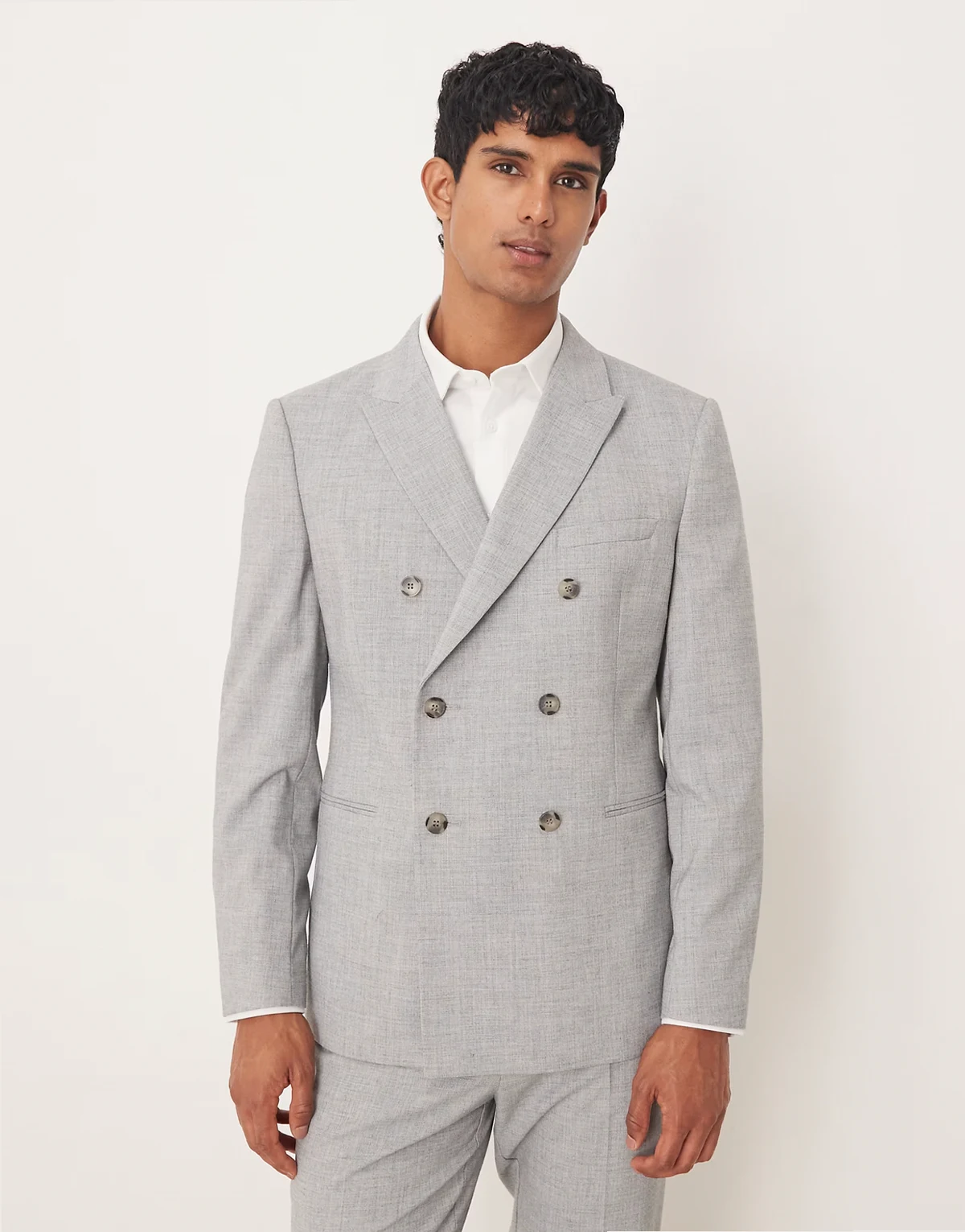 double breasted slim suit jacket in gray melange