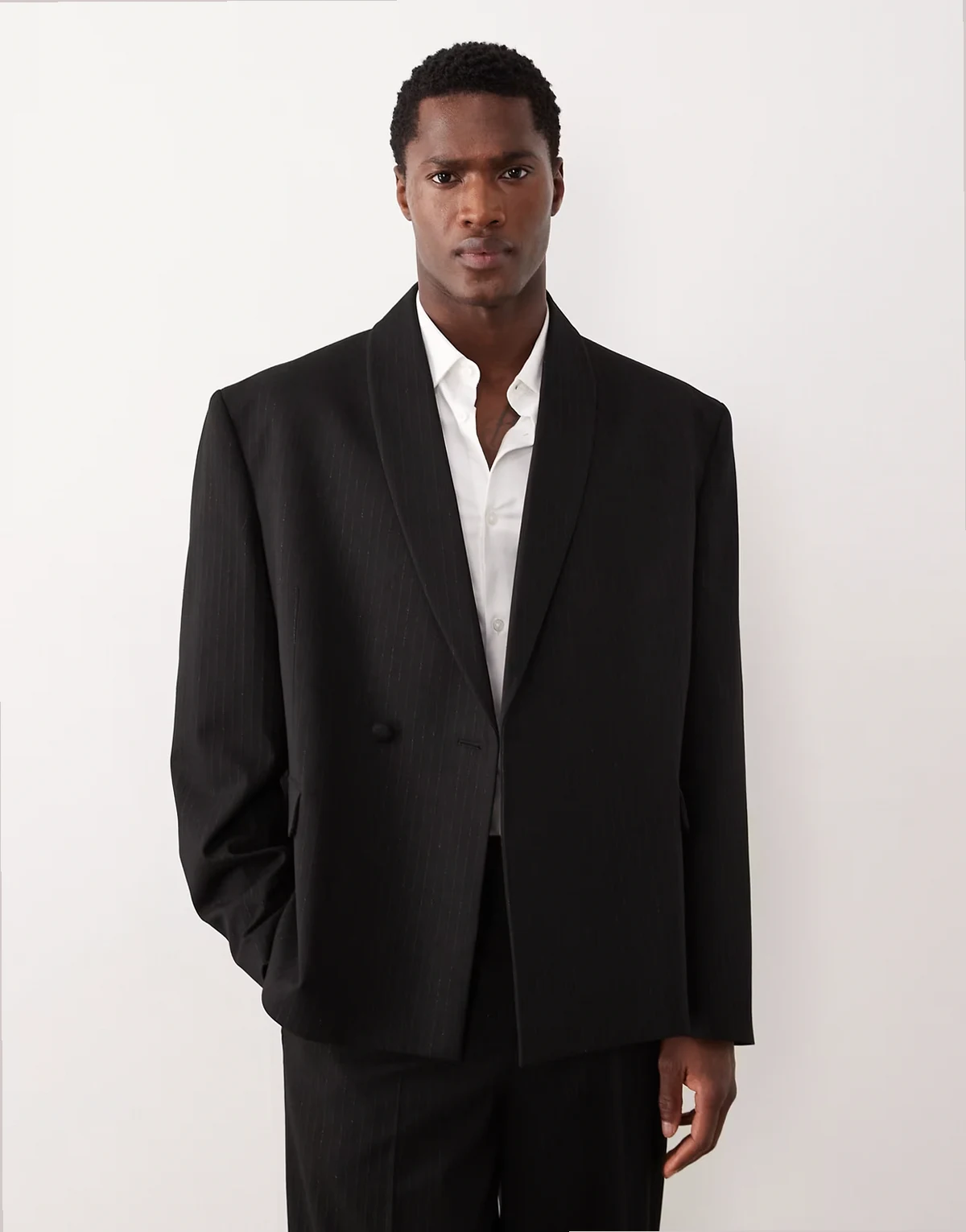 tonal metallic striped boxy shawl lapel suit jacket in black